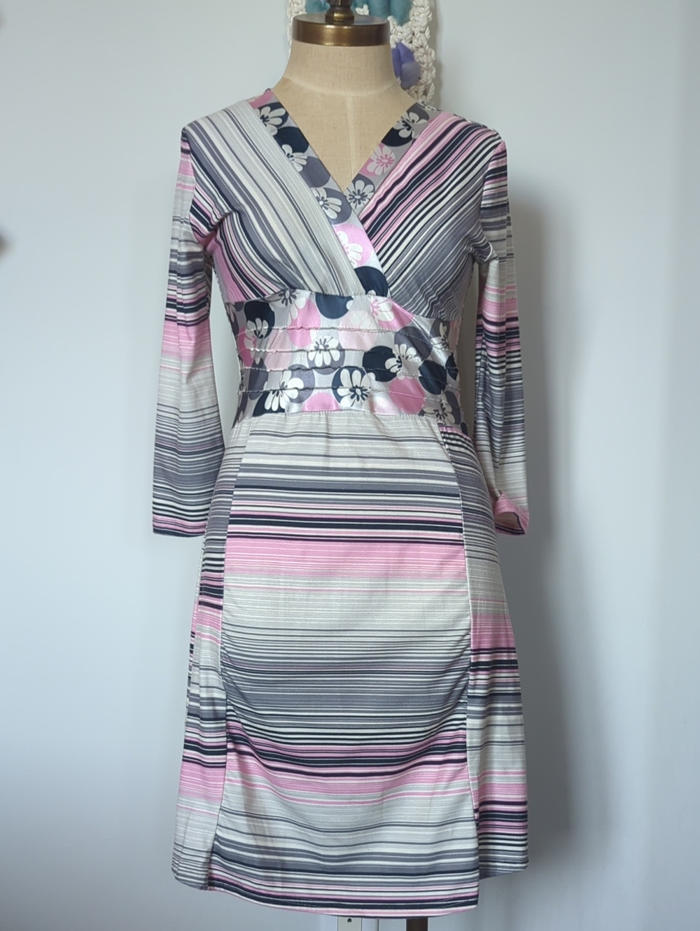 Cache Coeur Pink, Gray & White Striped Wrap Dress